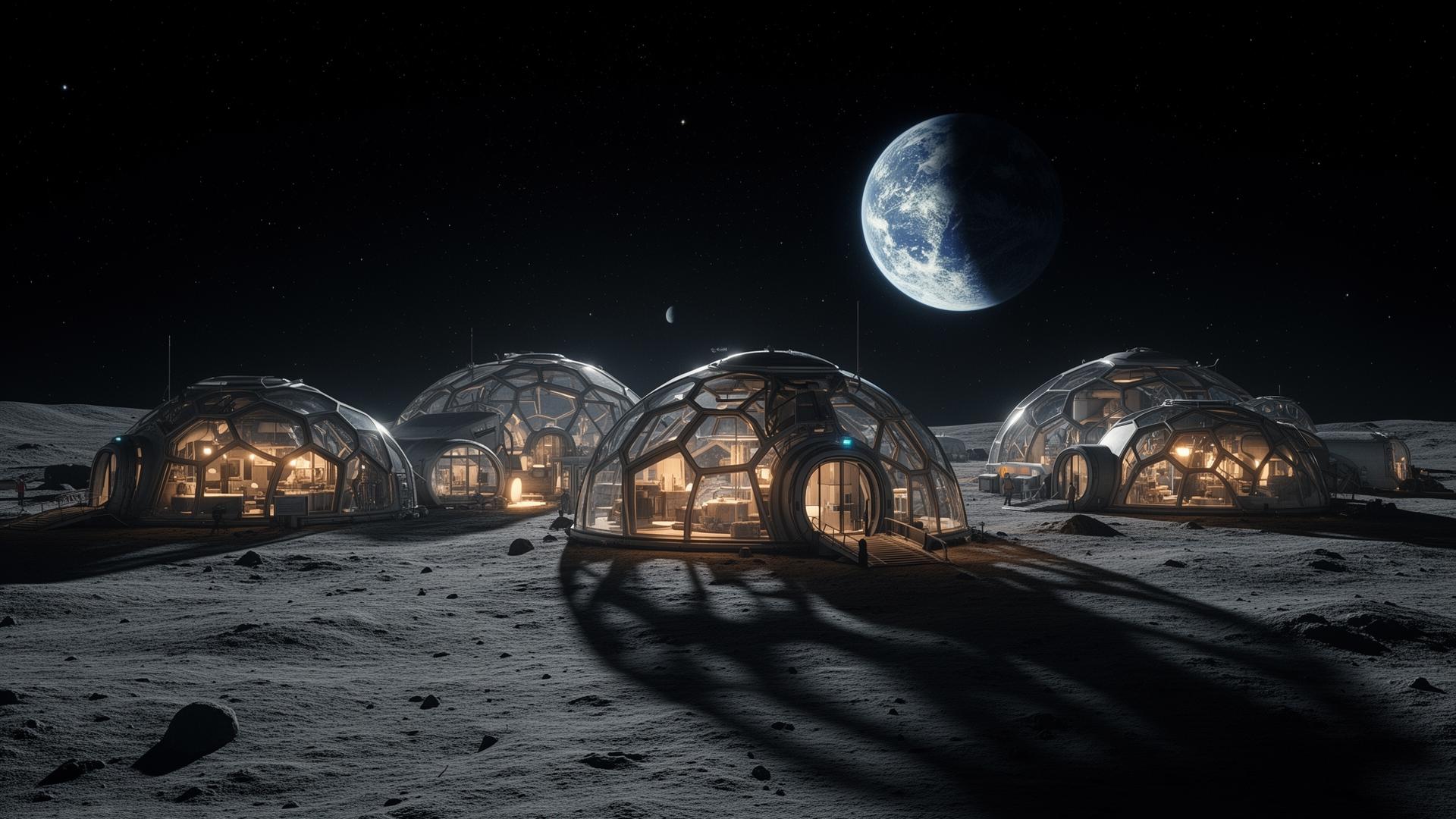 Glass-domed Hoom habitats on the lunar surface with Earth rising in the distance