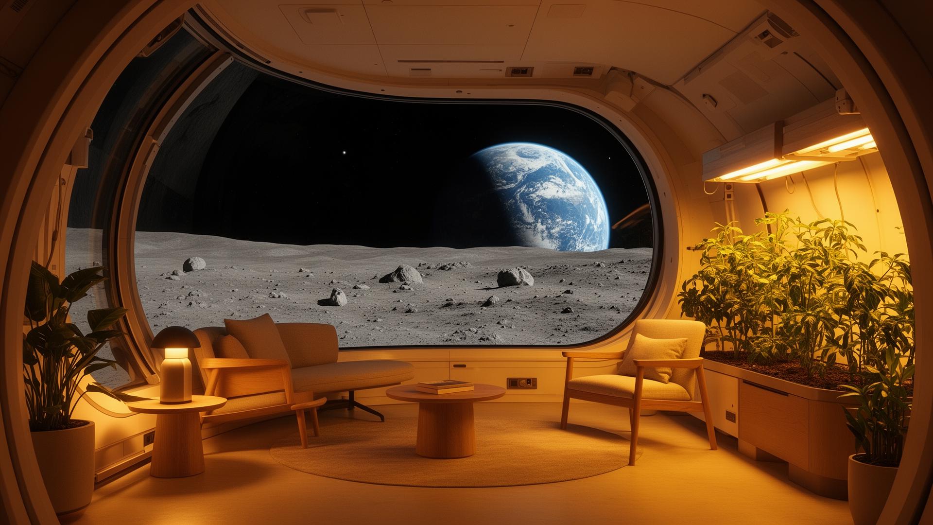 Warm minimalist interior of a Hoom habitat with a panoramic window onto the Moon and Earth